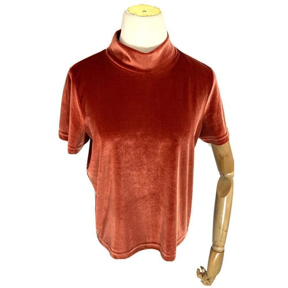 Madewell Velvet VelourTop Womens Small Burnt Orange Short Sleeve Boxy Mock Neck - Picture 12 of 13